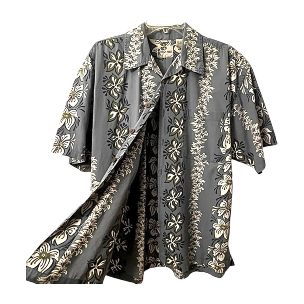 Point Zero Crisp White Cotton & Blue Hawaiian Lei Button-Down Short-Sleeve Shirt